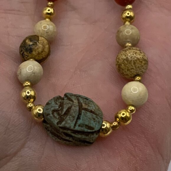 Carnelian Jasper Aqua Scarab Vintage Handmade Beaded Necklace J699 - Picture 10 of 11